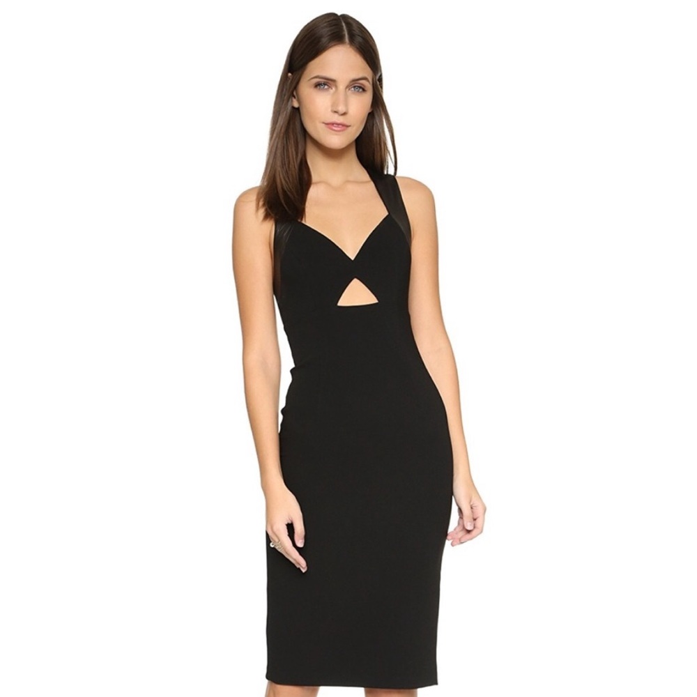 Alice + Olivia Hera Black Midi Pencil Dress Leather Trim Halter Cutout